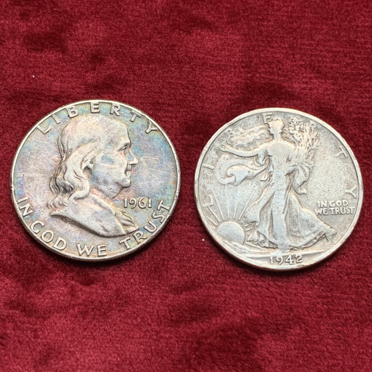 《竞宝斋》第116场-周日，周一 ，2场连拍（全场包邮） 美国银币2枚一起 1942 行走半美元银币+1961 富兰克林 半美元银币