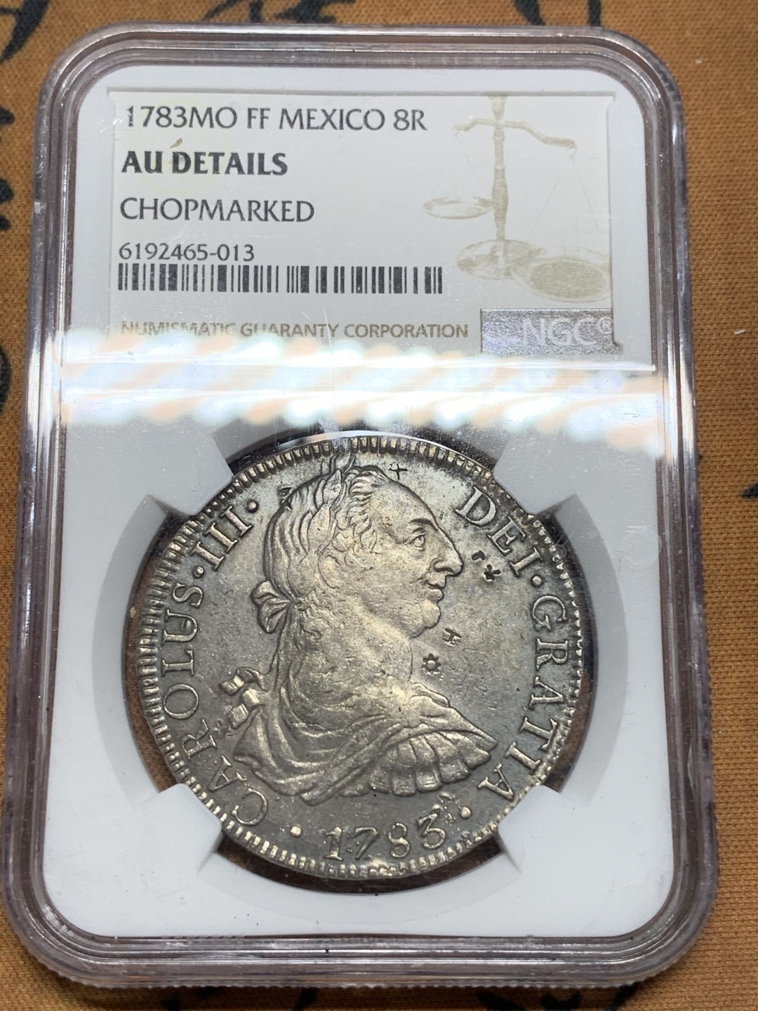 《竞宝斋》第116场-周日，周一 ，2场连拍（全场包邮） NGC AU 评级 墨西哥 1783年 卡三 8R 双柱 大银币 打制细节都不错，有小戳
