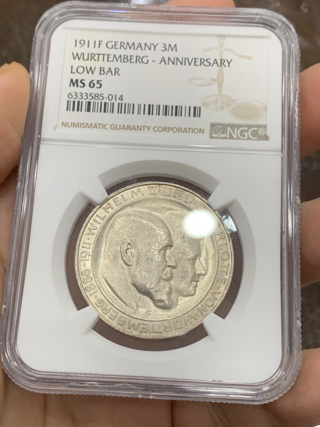 《竞宝斋》第116场-周日，周一 ，2场连拍（全场包邮） PCGS-MS65 德国 1911年符腾堡银婚纪念3马克银币 高分好状态