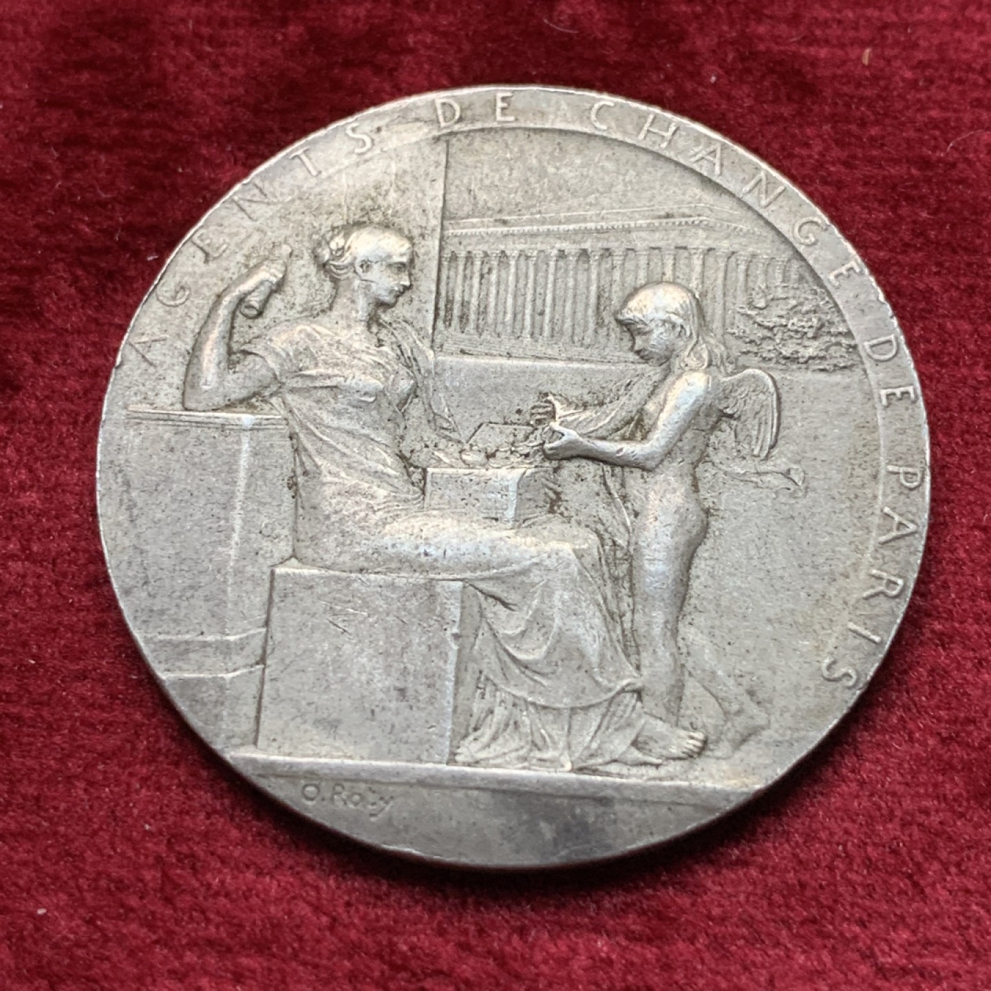 《竞宝斋》第116场-周日，周一 ，2场连拍（全场包邮） 罗蒂作品 法国 1898年 巴黎证券交易所 银章 欧洲原味深灰包浆 21.9克 37mm直径 丰饶角边铭 银标