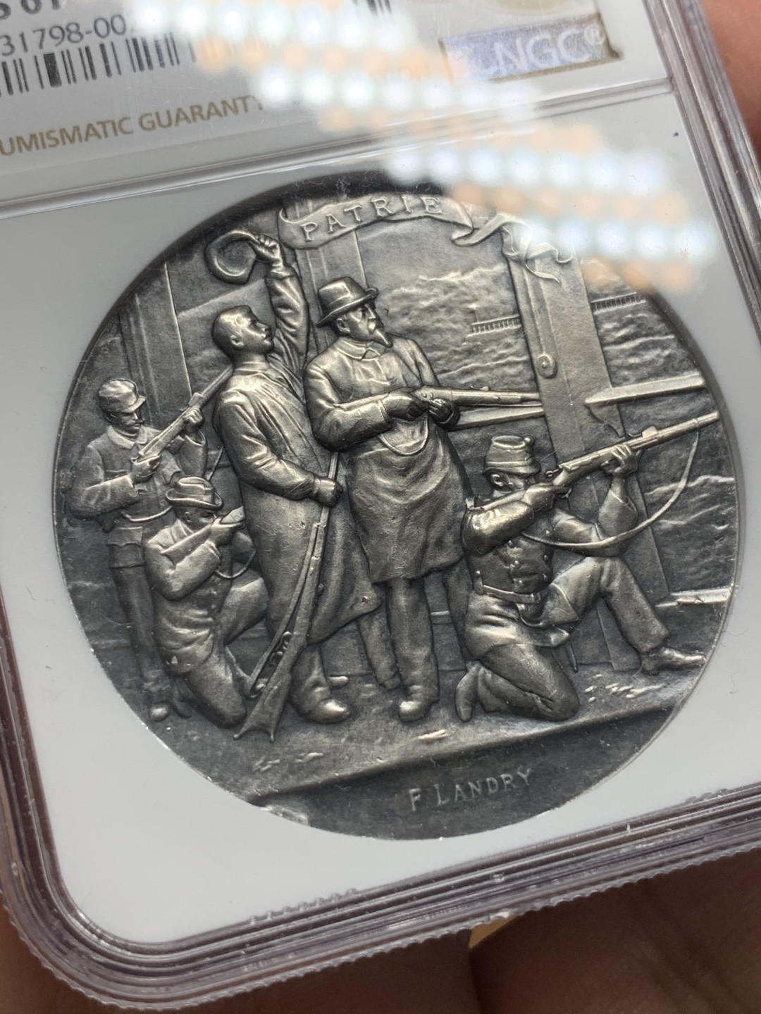 《竞宝斋》第116场-周日，周一 ，2场连拍（全场包邮） NGC MS61 1898年瑞士纳沙泰尔射击节银章，人物栩栩如生，热门品种