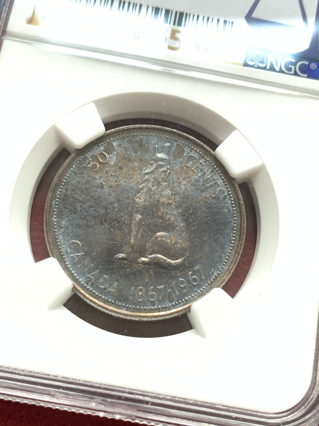 《竞宝斋》第116场-周日，周一 ，2场连拍（全场包邮） 5枚一组 NGC-MS63 2枚 加拿大 1967年伊丽莎白二世联邦成立百年纪念币NGC35周年标50分、25分银币+10分银币、5分镍币、1分铜币三枚同盒裸币，绒布盒深五彩包浆分黑美人