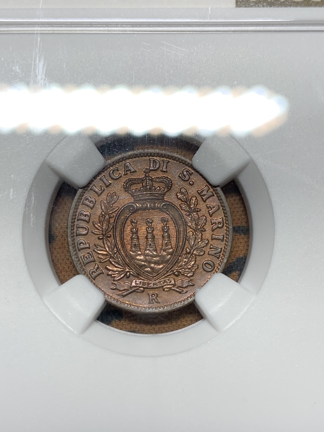 《竞宝斋》第116场-周日，周一 ，2场连拍（全场包邮） NGC-MS63BN 圣马力诺 1936年5C铜币  铜光很好