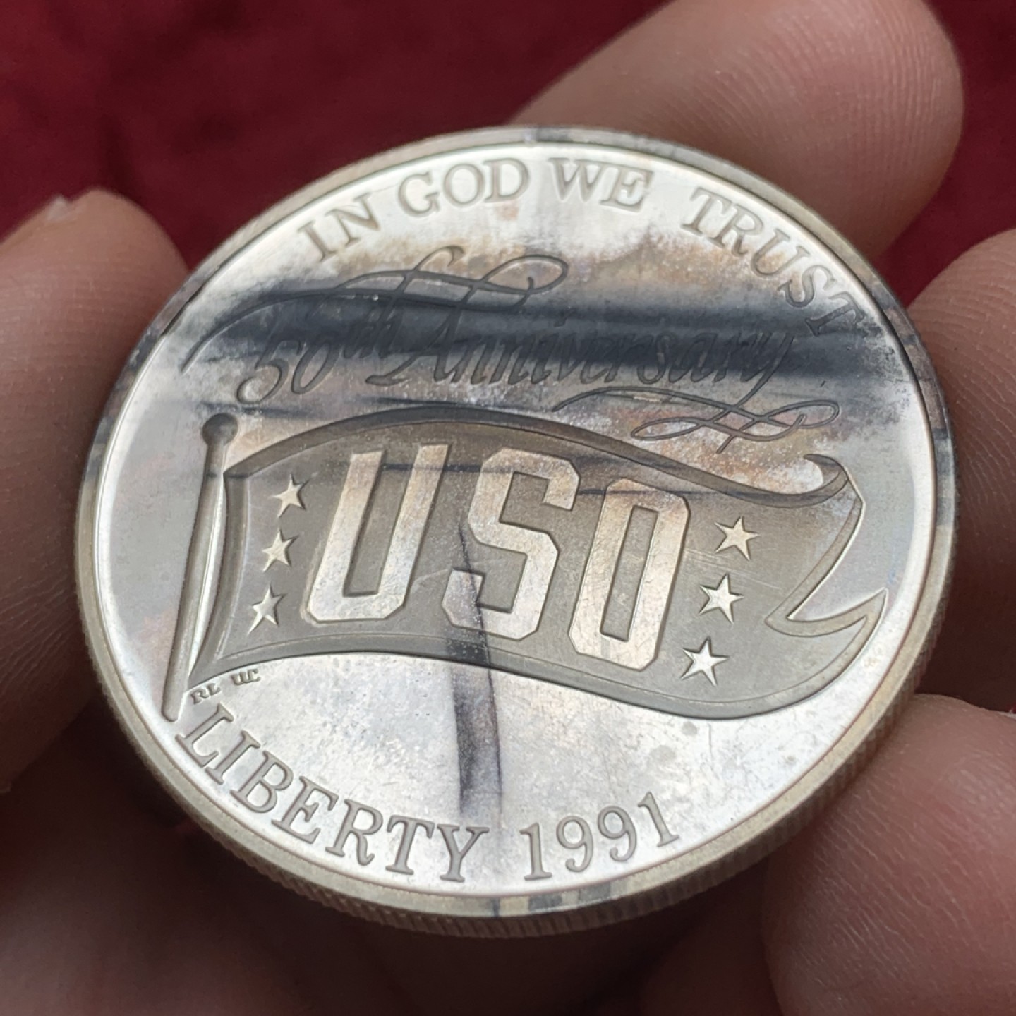 《竞宝斋》第116场-周日，周一 ，2场连拍（全场包邮） 美国1991年 联合服务组织成立50周年  1美元 大银币  38.1mm 26.73克