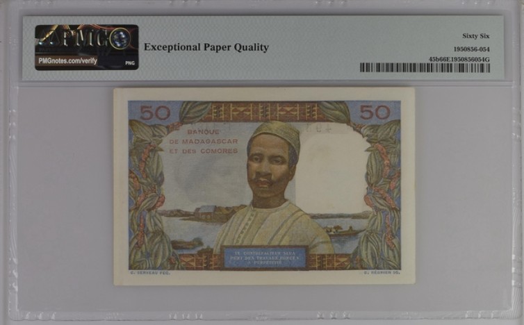 收藏联盟Quantum Auction 第209期拍卖 马达加斯加1950-51年50法郎 PMG66 冠军分 小丁香花 未加盖改值版稀少 