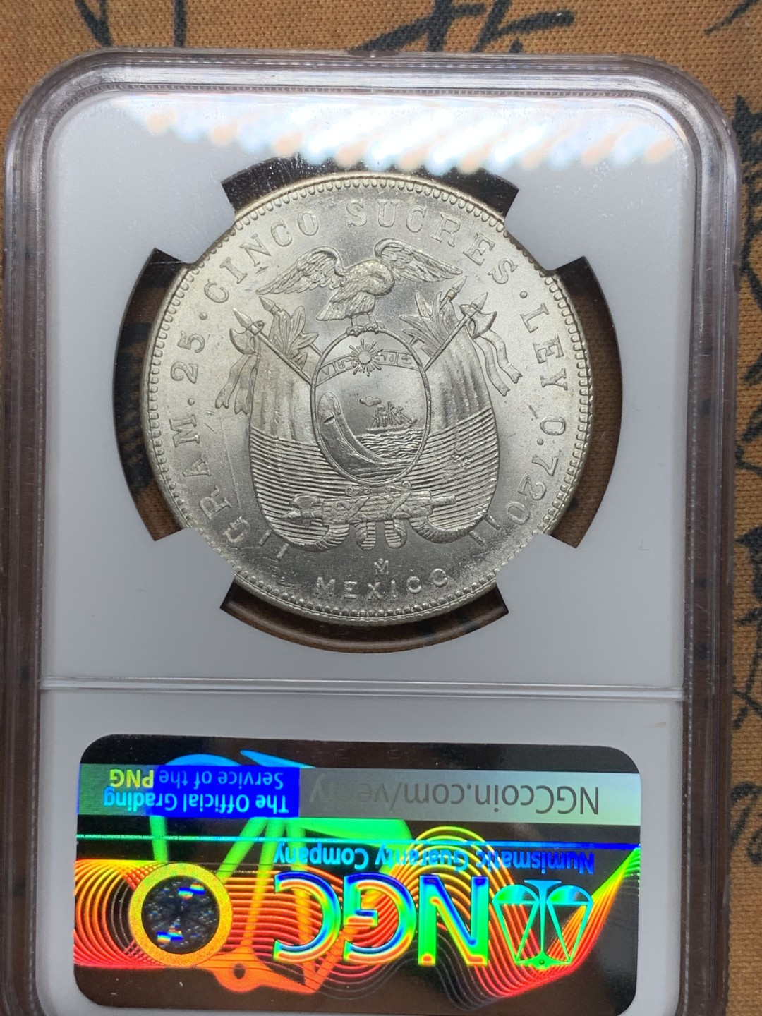 《竞宝斋》第116场-周日，周一 ，2场连拍（全场包邮） NGC MS64 厄瓜多尔1944年5苏克雷大银币