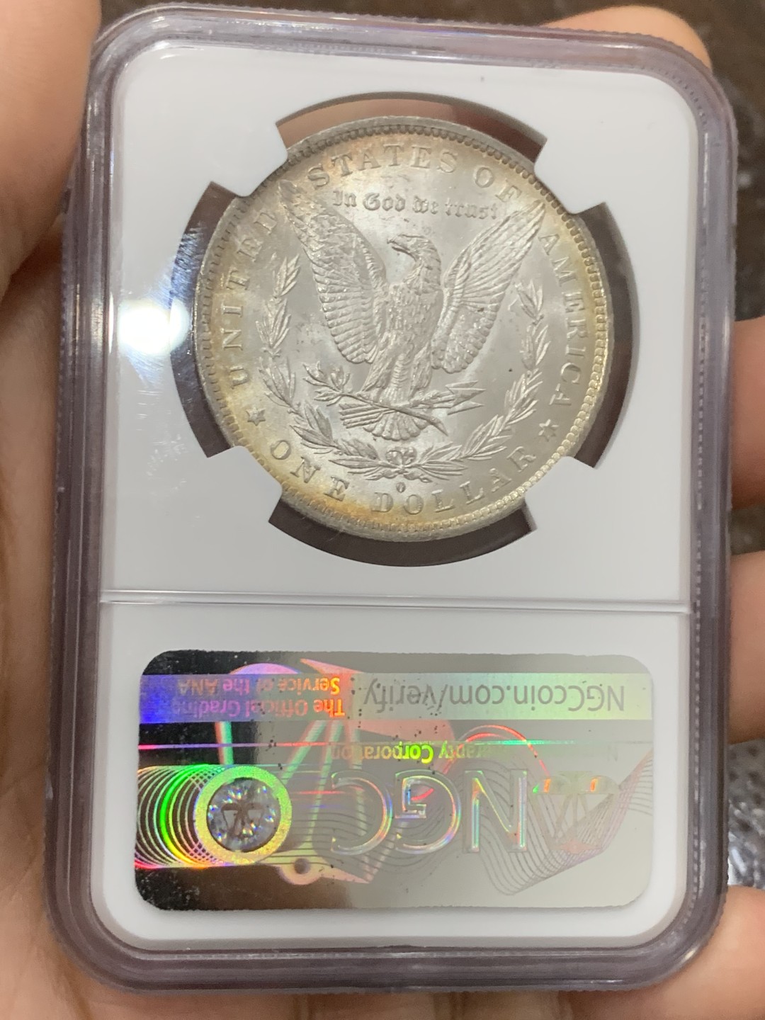 《竞宝斋》第116场-周日，周一 ，2场连拍（全场包邮） NGC-MS64 美国 1883年 摩根银币 女神面多色满彩 女神面下方深蓝小月牙 鹰面光 疑似卷首币