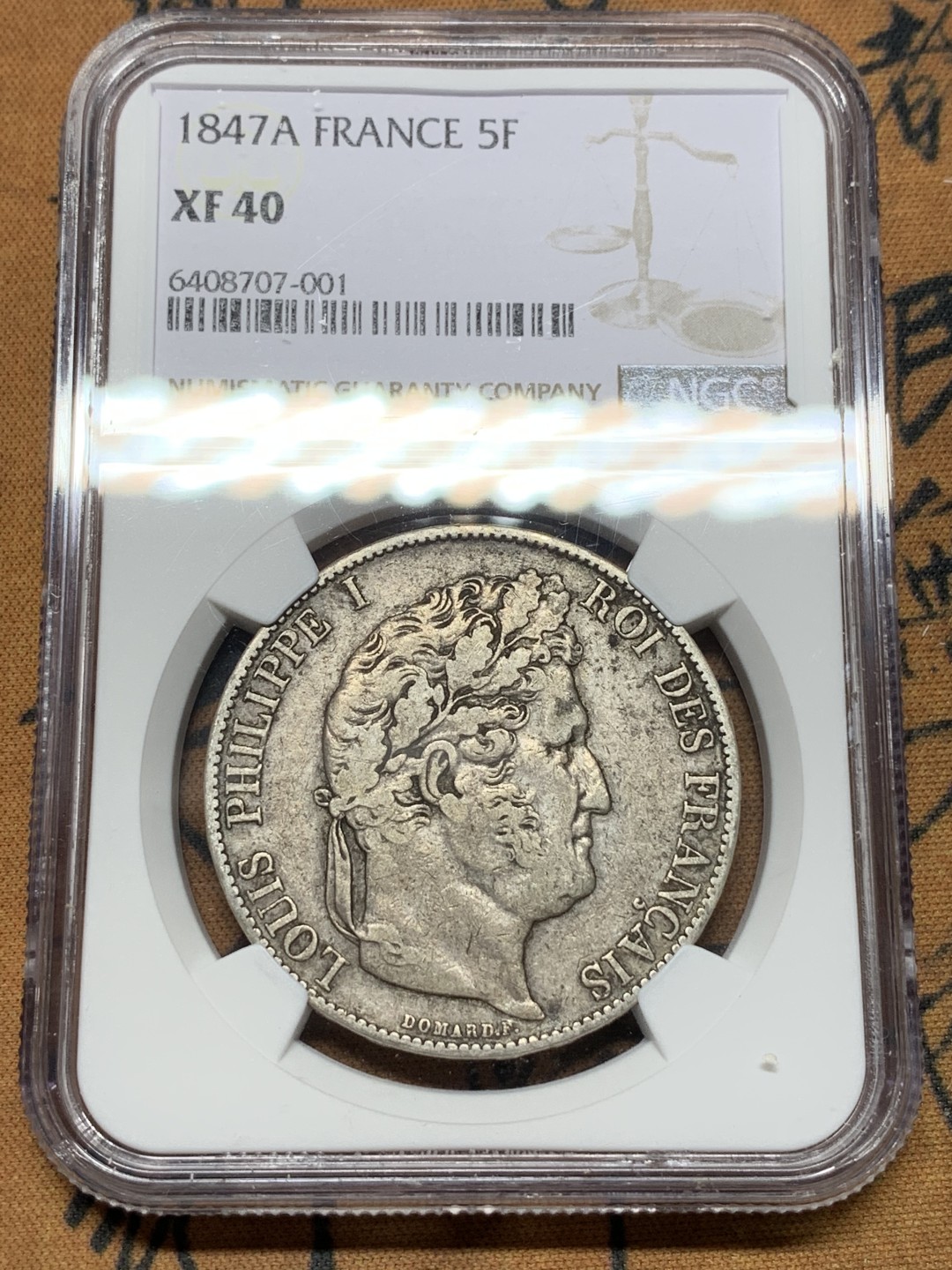 《竞宝斋》第116场-周日，周一 ，2场连拍（全场包邮） NGC-XF40 法国1847年 飞利浦一世5法郎大银币 原味好品