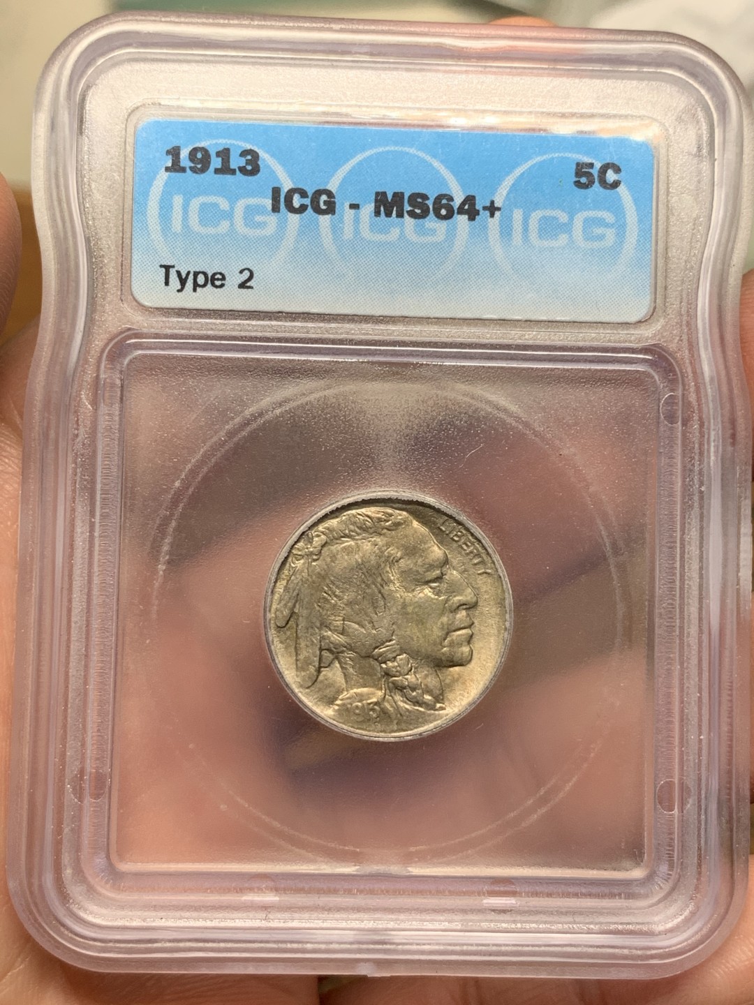 《竞宝斋》第116场-周日，周一 ，2场连拍（全场包邮） ICG MS64+ 美国 1913年 印第安野牛 5分 早期品种 难得早期