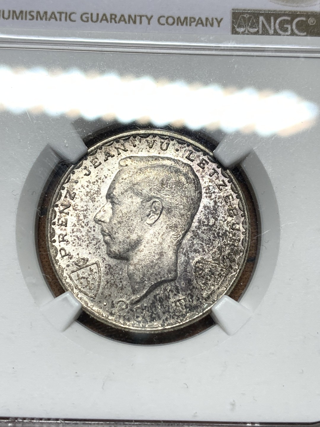 《竞宝斋》第116场-周日，周一 ，2场连拍（全场包邮） NGC MS62 卢森堡1946年盲人约翰20法郎银币