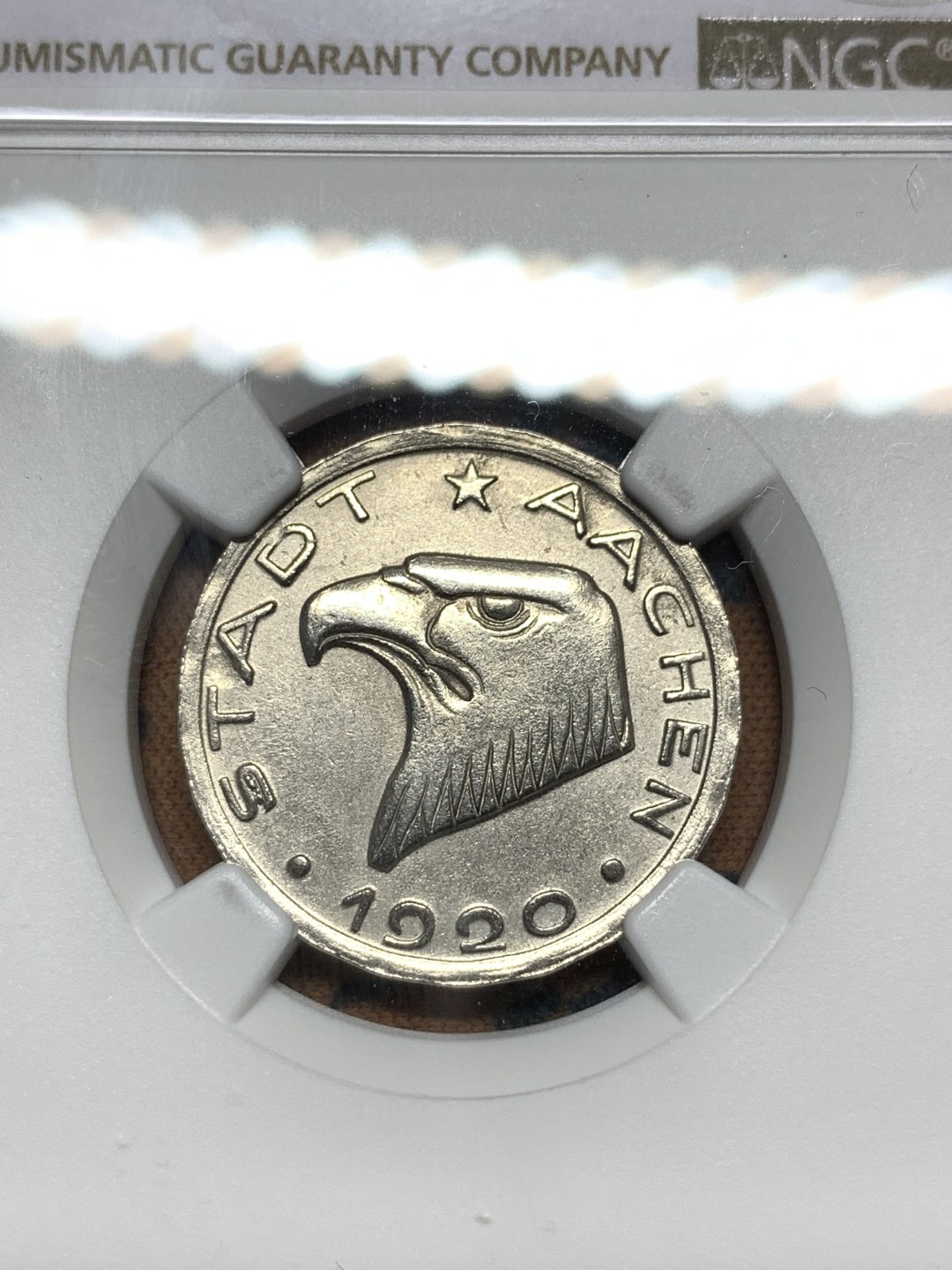 《竞宝斋》第116场-周日，周一 ，2场连拍（全场包邮） NGC MS62 1920年德国德紧时期亚琛鹰头50芬尼铁币