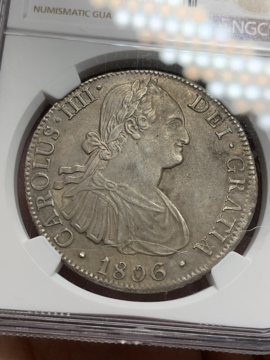 《竞宝斋》第116场-周日，周一 ，2场连拍（全场包邮） NGC-UNC 墨西哥 1806年 8R 卡四 大银币 人面很干净观感状态很好 打制清晰 背面特别好