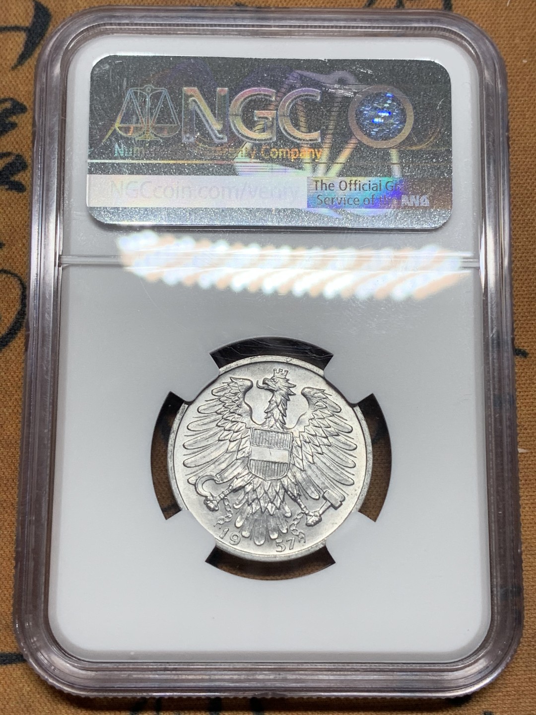 《竞宝斋》第116场-周日，周一 ，2场连拍（全场包邮） NGC-MS64冠军分 奥地利 1957年 裸男 播种 1先令铝币