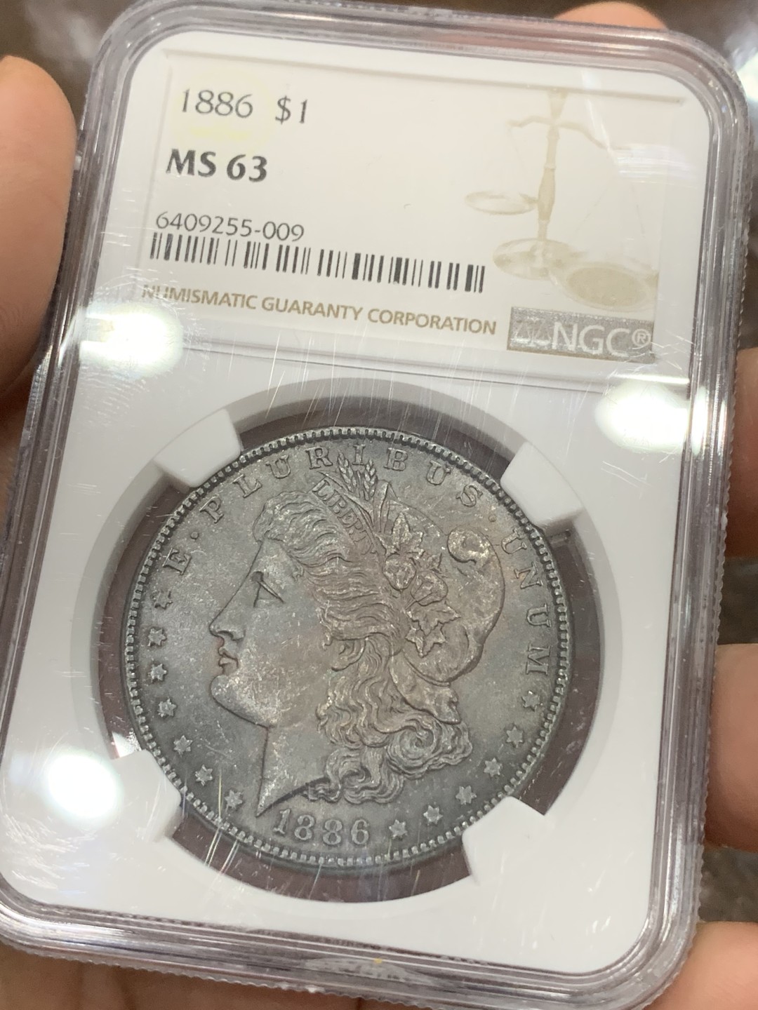 《竞宝斋》第116场-周日，周一 ，2场连拍（全场包邮） NGC-MS63 美国1886年 摩根银币 深绿彩包浆