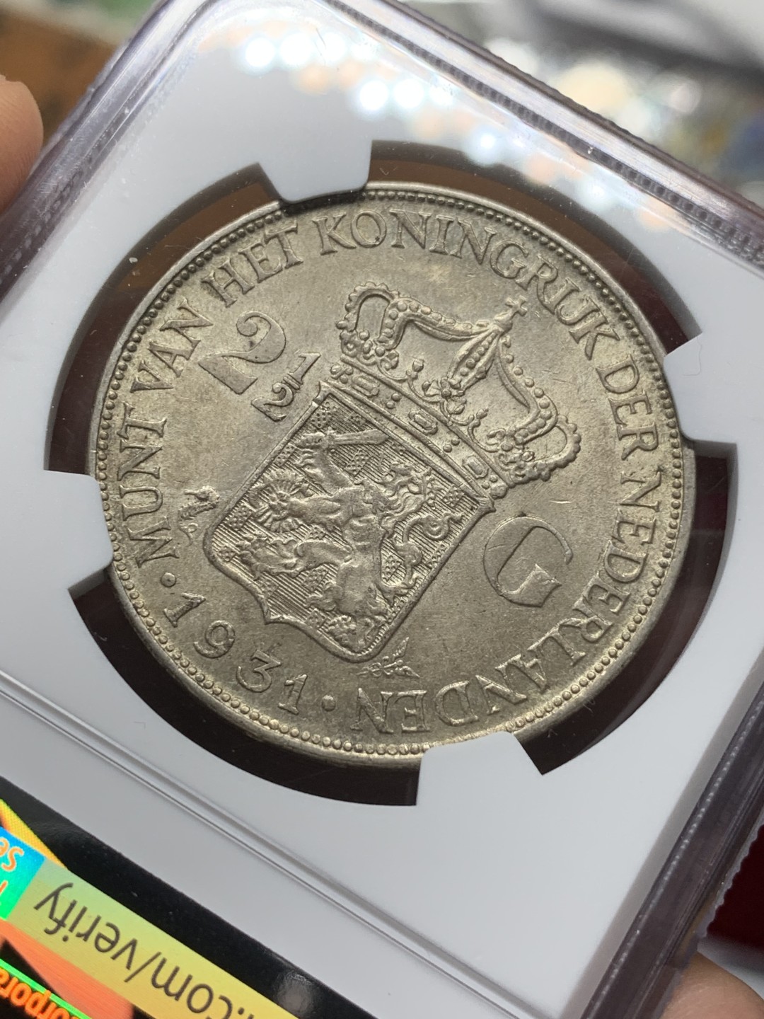 《竞宝斋》第116场-周日，周一 ，2场连拍（全场包邮） NGC-AU58 荷兰1931年 威廉米娜女王2.5盾大银币 原光好品