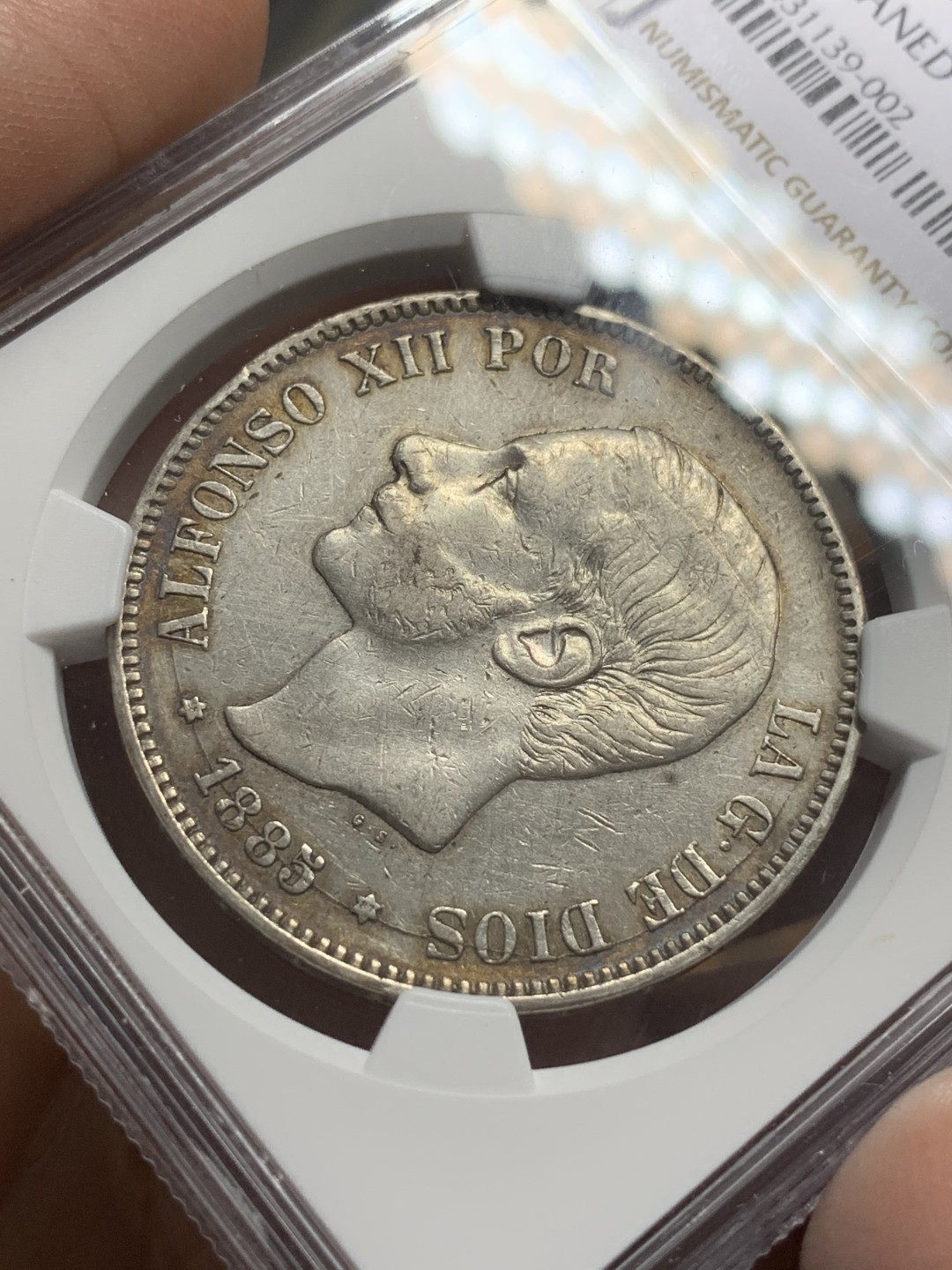 《竞宝斋》第116场-周日，周一 ，2场连拍（全场包邮） NGC-AUD 西班牙 1885(87)年 5比塞塔 银币 细节很不错