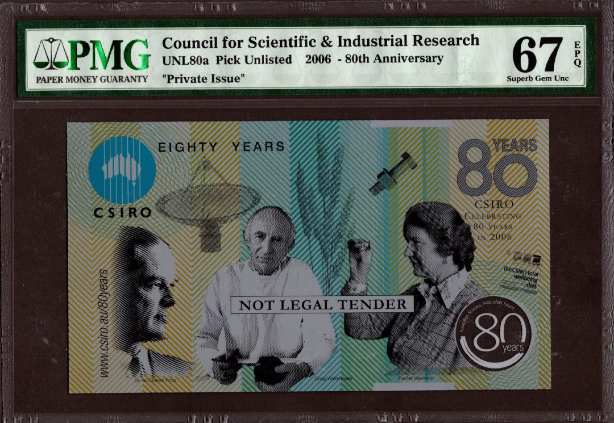 收藏联盟Quantum Auction 第208期拍卖(最后三拍新添测试钞评级币) 2006年澳大利亚CSIRO成立80周年纪念塑料测试钞 PMG67
