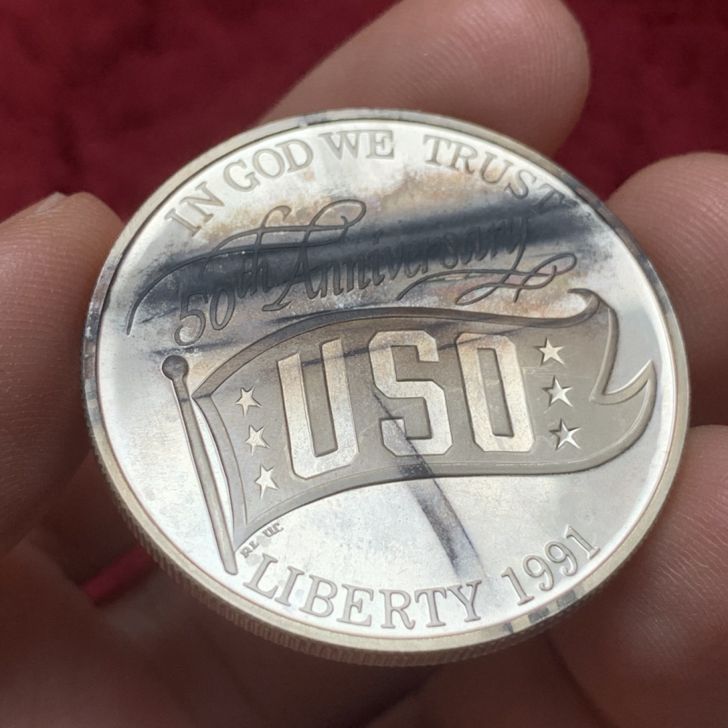 《竞宝斋》第116场-周日，周一 ，2场连拍（全场包邮） 美国1991年 联合服务组织成立50周年  1美元 大银币  38.1mm 26.73克