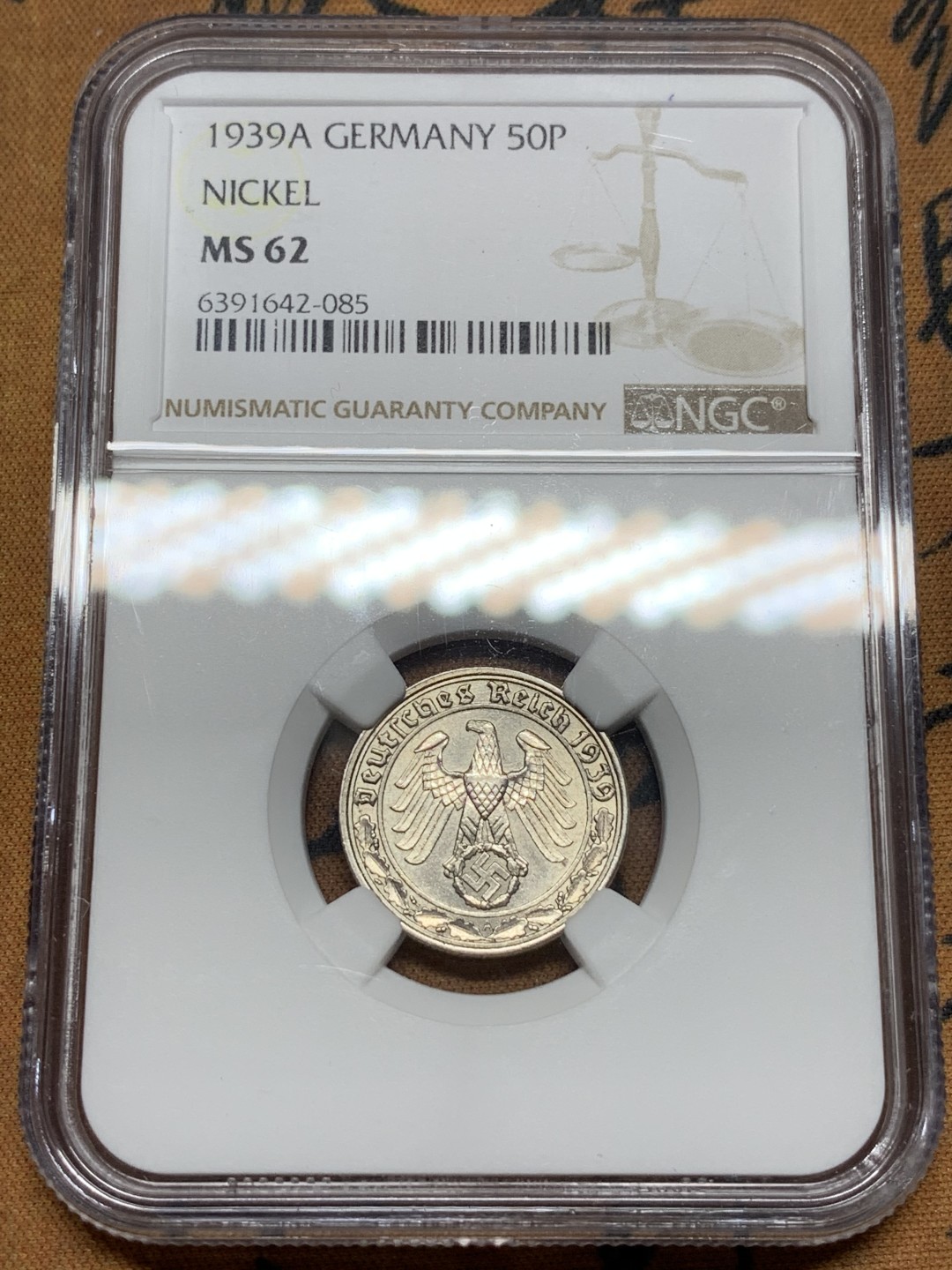 《竞宝斋》第116场-周日，周一 ，2场连拍（全场包邮） NGC-MS62 德国 第三帝国1939年50芬尼镍币 坦克币 回炉铸造武器 第三帝国小名誉品