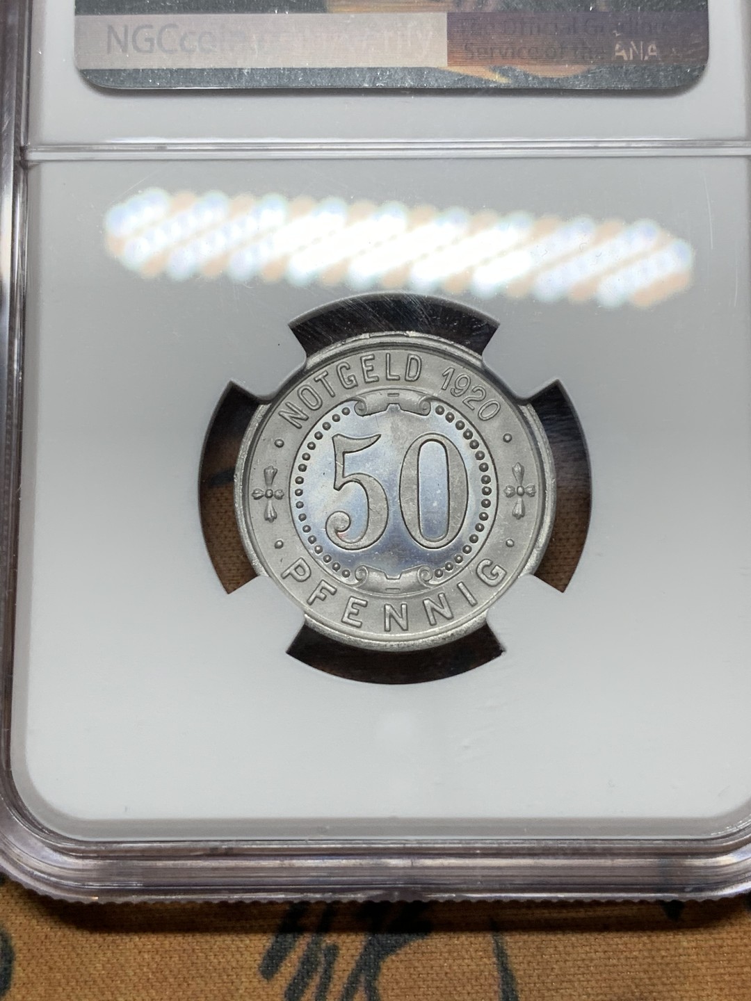 《竞宝斋》第116场-周日，周一 ，2场连拍（全场包邮） NGC MS65 1920年德国德紧时期门登洞熊50芬尼铝币 品相完美