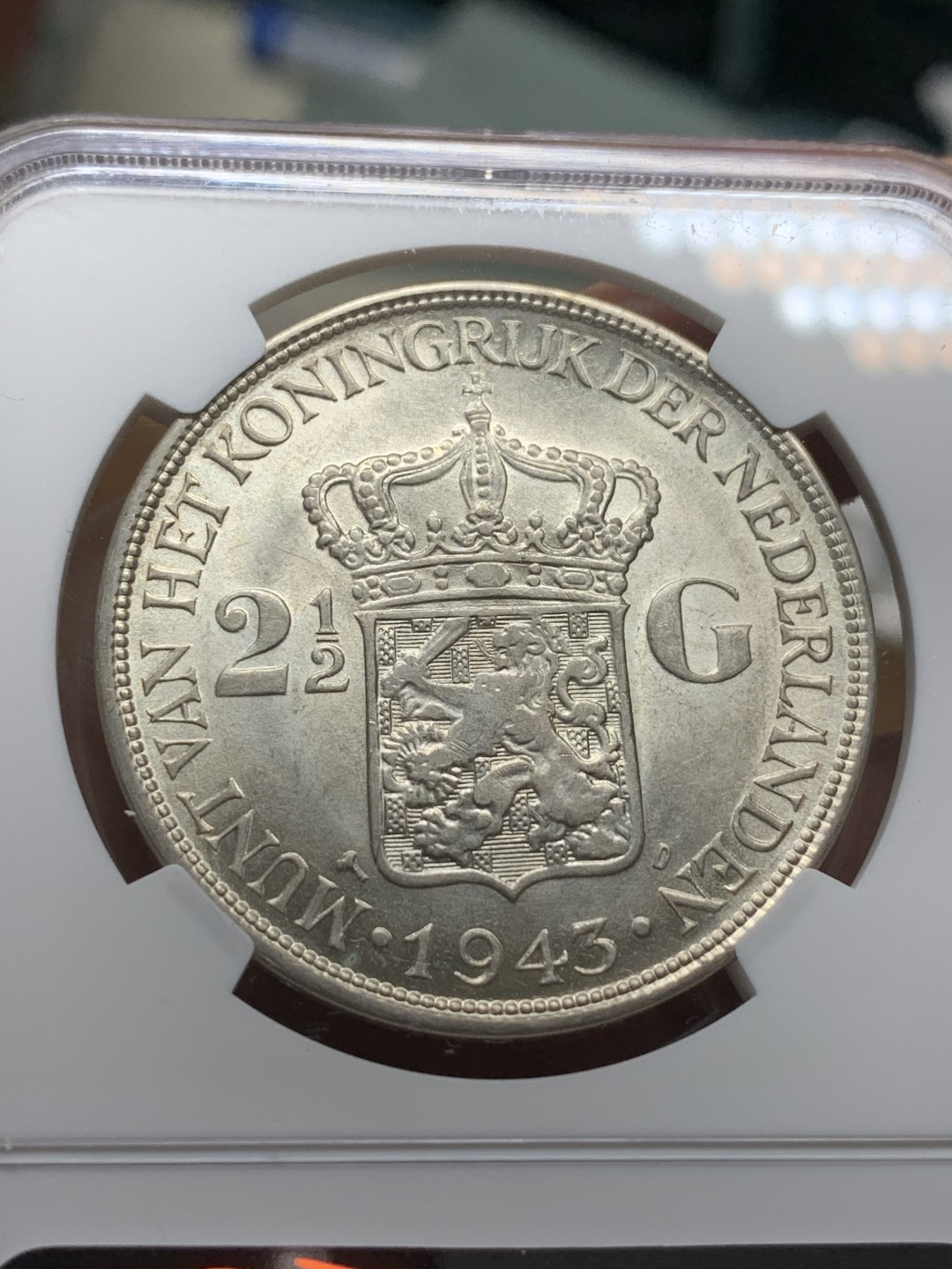 《竞宝斋》第116场-周日，周一 ，2场连拍（全场包邮） NGC-MS62 荷属东印度 1943年 女王头像 2.5盾大银币 原光好品 殖民地系列 