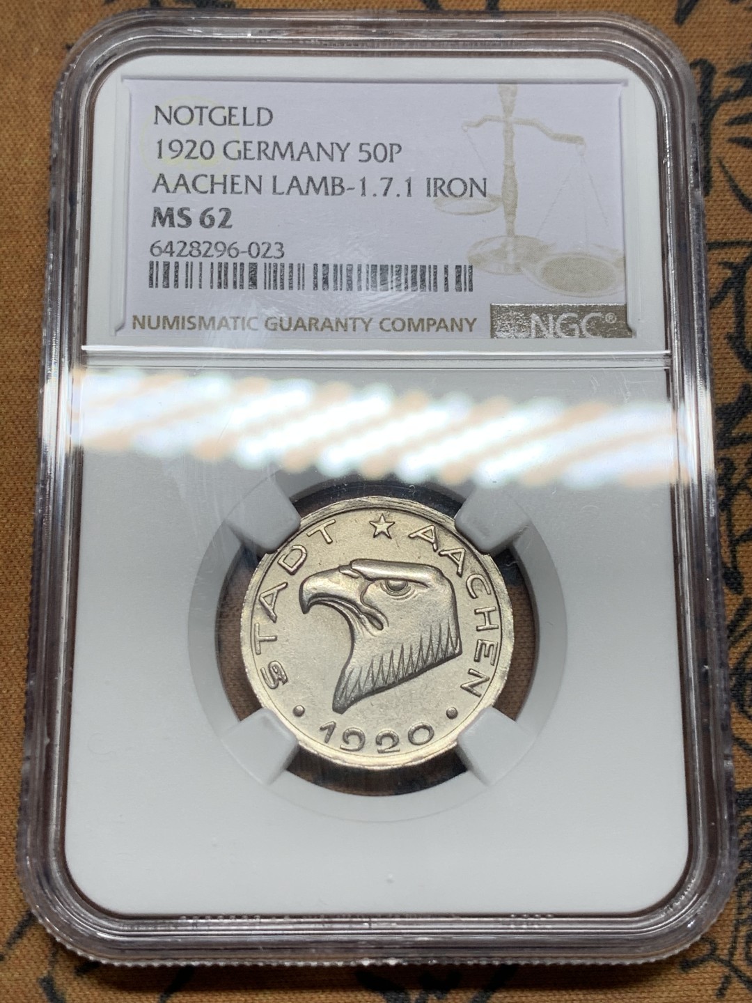 《竞宝斋》第116场-周日，周一 ，2场连拍（全场包邮） NGC MS62 1920年德国德紧时期亚琛鹰头50芬尼铁币