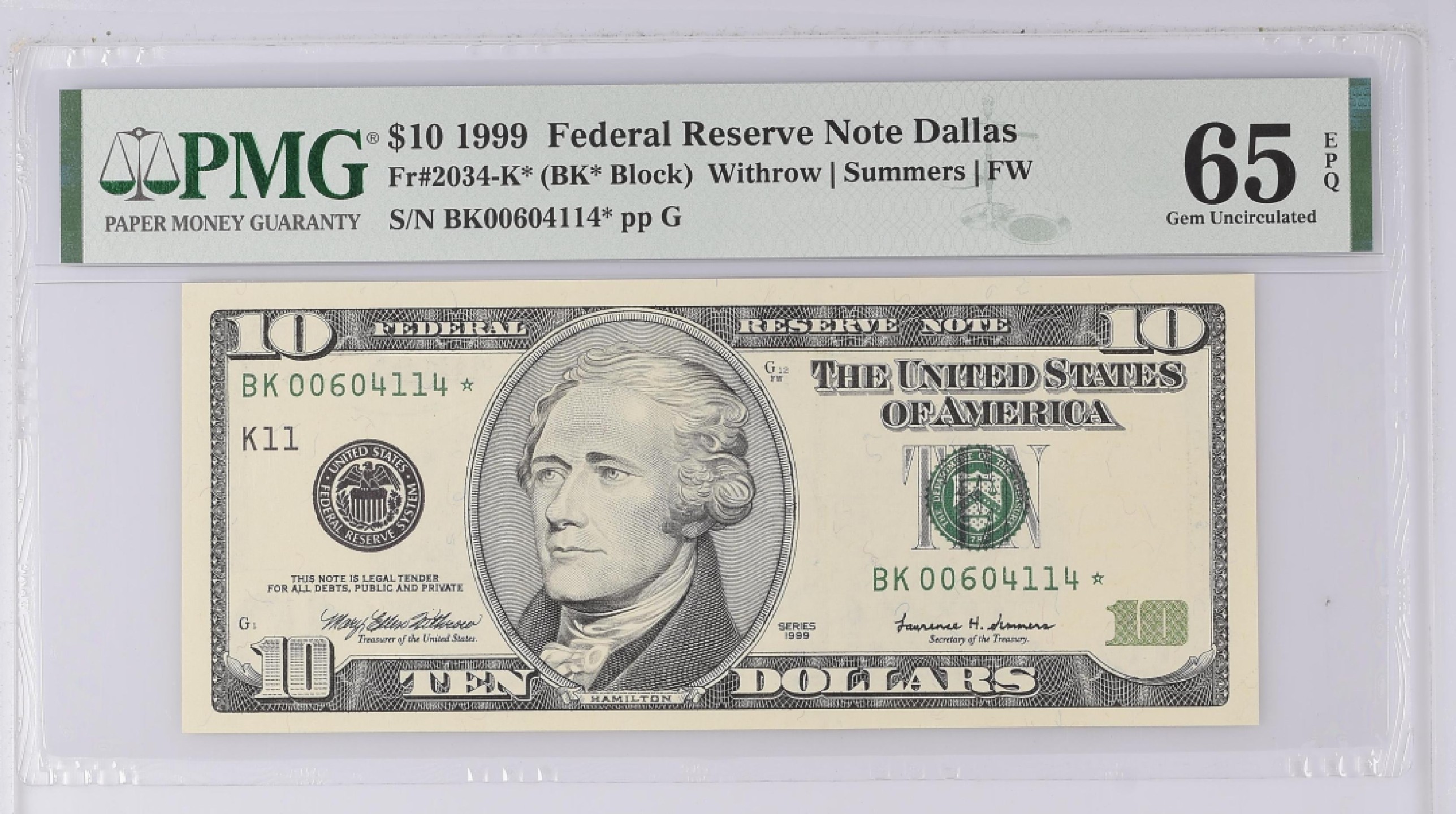 收藏联盟Quantum Auction 第209期拍卖 美国1999年联邦储备券10元 PMG65 星补号