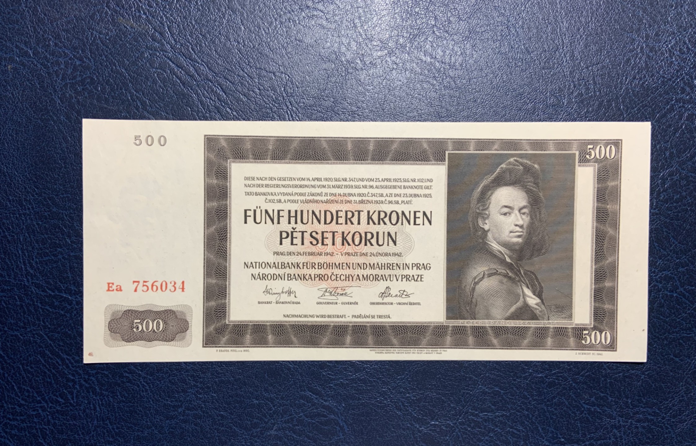 收藏联盟Quantum Auction 第209期拍卖 波西米亚和莫拉维亚1942年500克朗 品相全新UNC 稀少实票(年代较远，四角不尖)