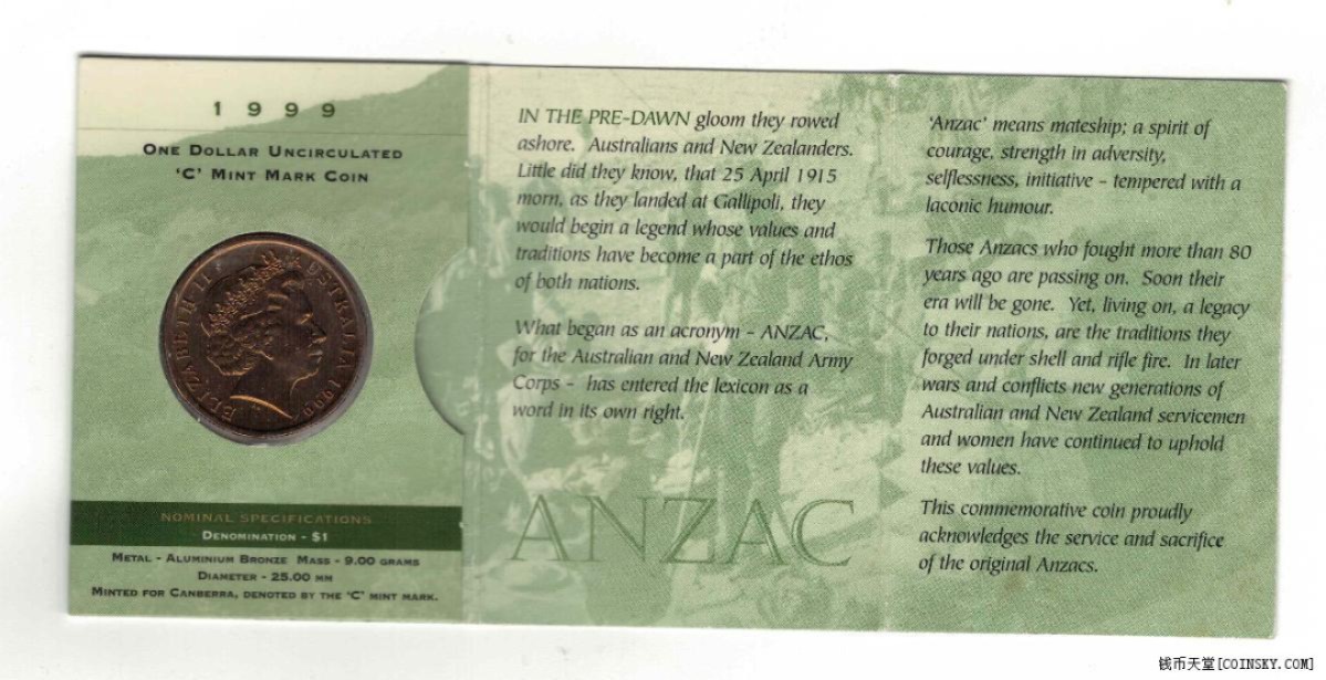 澳大利亚1999年1元 最后的澳新军团纪念币 C版 原册装 实物图 UNC 