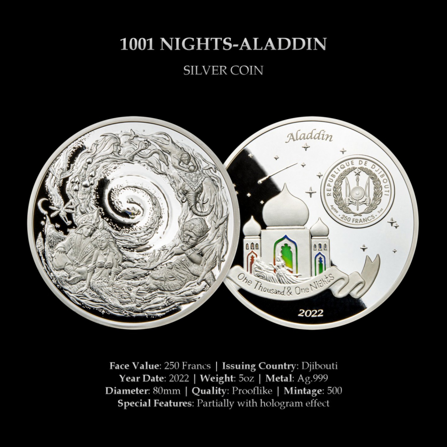 2022年吉布提共和国一千零一夜[Vol.1]阿拉丁银币5盎司面值250法郎