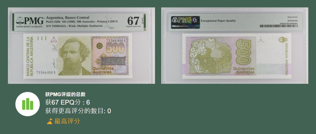 《张总收藏》80期——外币大拍 阿根廷1990年500奥斯特A冠豹子号444PMG67E冠军分