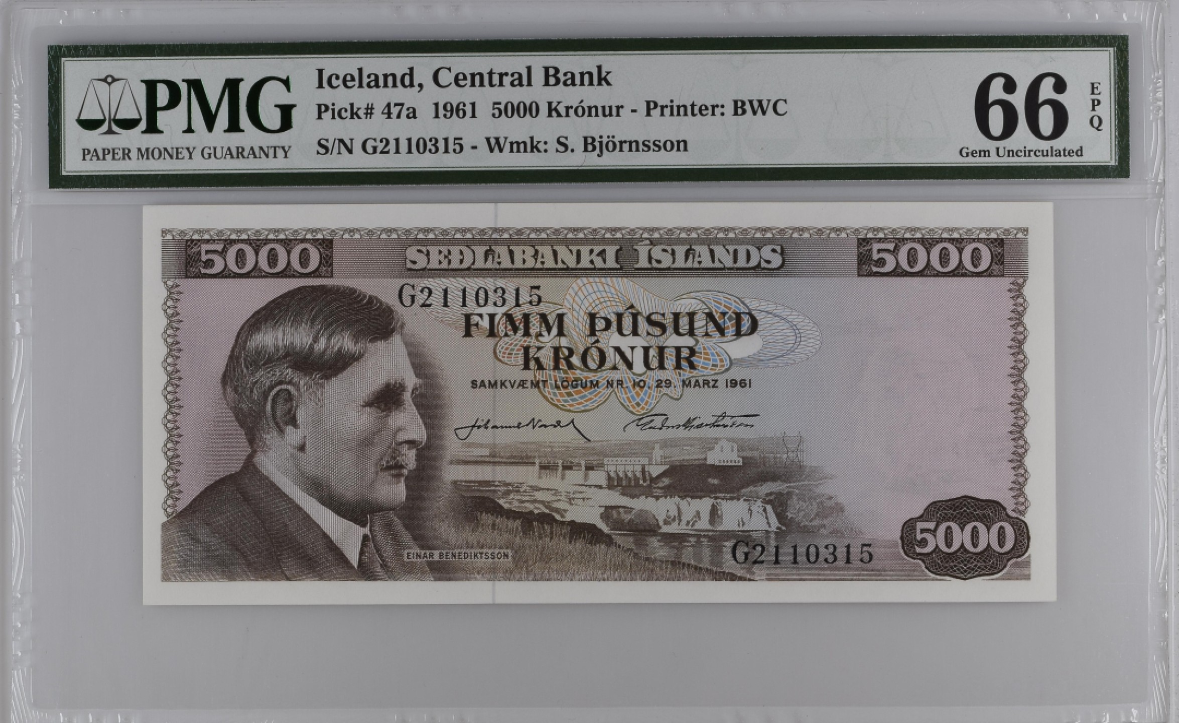 收藏联盟Quantum Auction 第209期拍卖 冰岛1961年5000克朗 PMG66 最高面值 代蒂瀑布