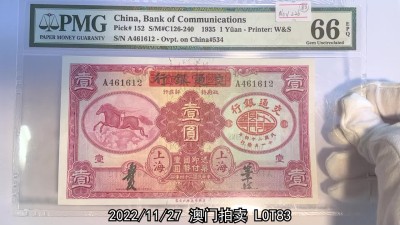 冠军2022澳门拍卖纸品专场（美金竞价，RMB结算） 1935年（民國二十四年）交通銀行英國華德路版-上海壹圓（A461612-Ovpt.on China#534），Pick 152，Printer：W&S，PMG Gem UNC66 EPQ，優良紙張，H.F.Bowker 藏品這種交通銀行加蓋紙鈔很受藏家喜愛。