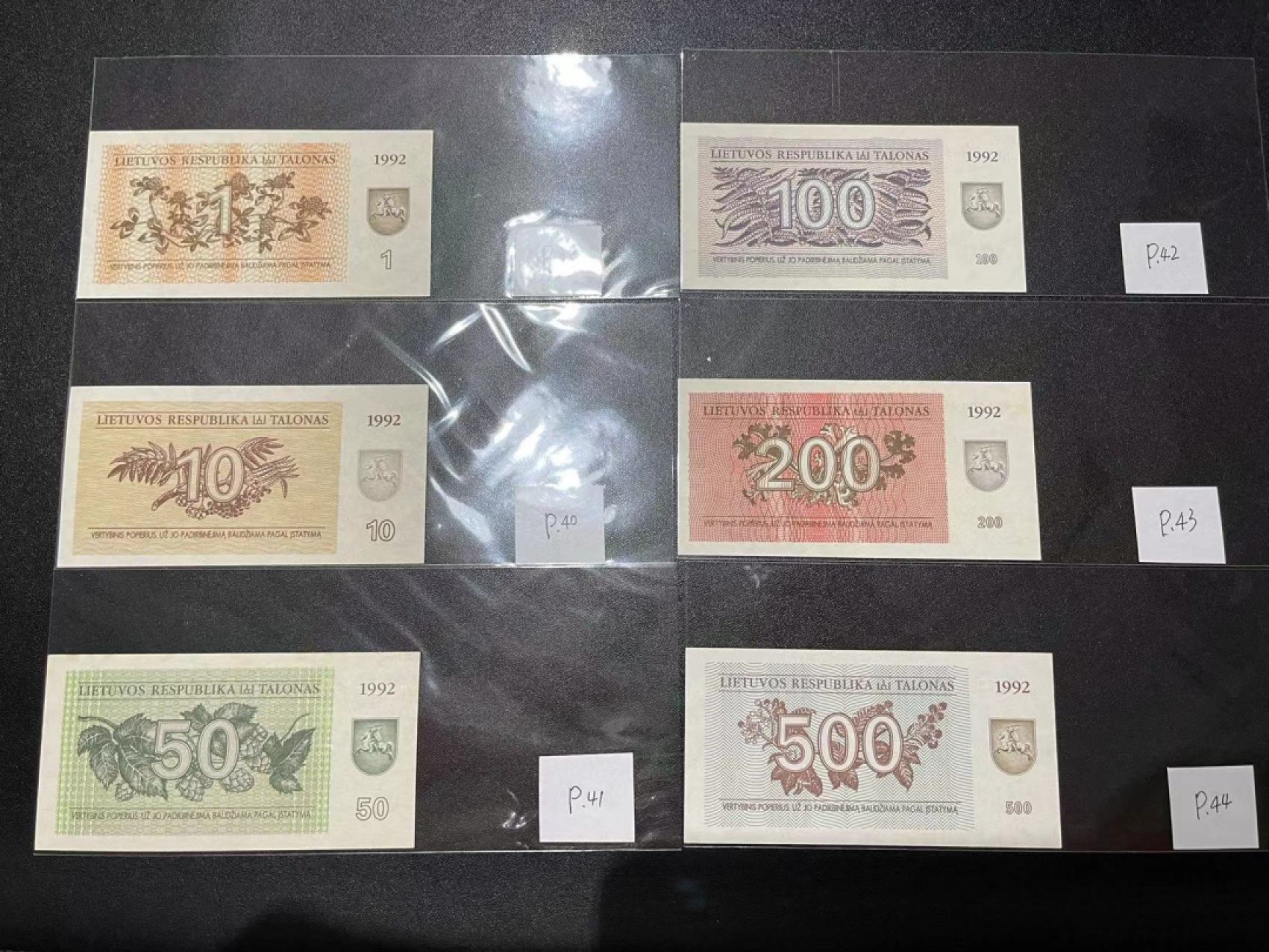 《外钞收藏家》第二百一十八期（波罗的海三国） 立陶宛1992年第二套动物币1/10/50/100/200/500塔龙那，全套6枚	P39-44  全新UNC