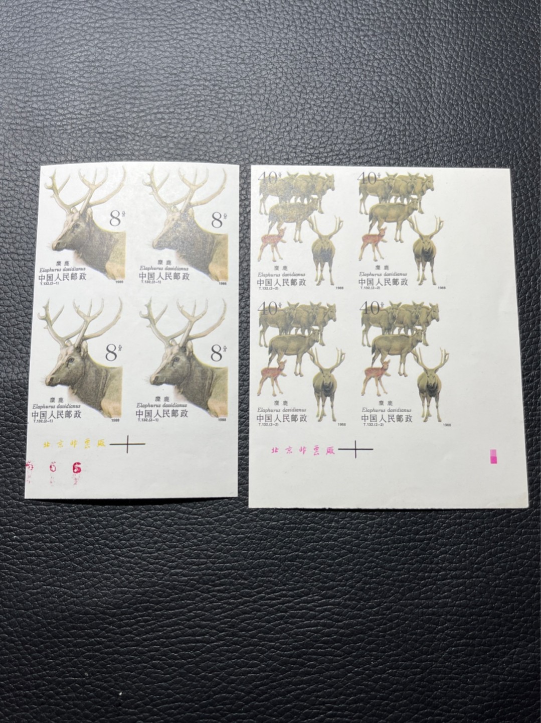 洪涛臻品批发群  精选邮票限时拍卖第八十七期 T132无齿麋鹿新全    数字➕厂名4方连一组 ，软折如图，上品，紫光灯下有瑕疵。精品版货  精工细裁 ，全程带硅胶手套操作，喜欢的老板不要错过