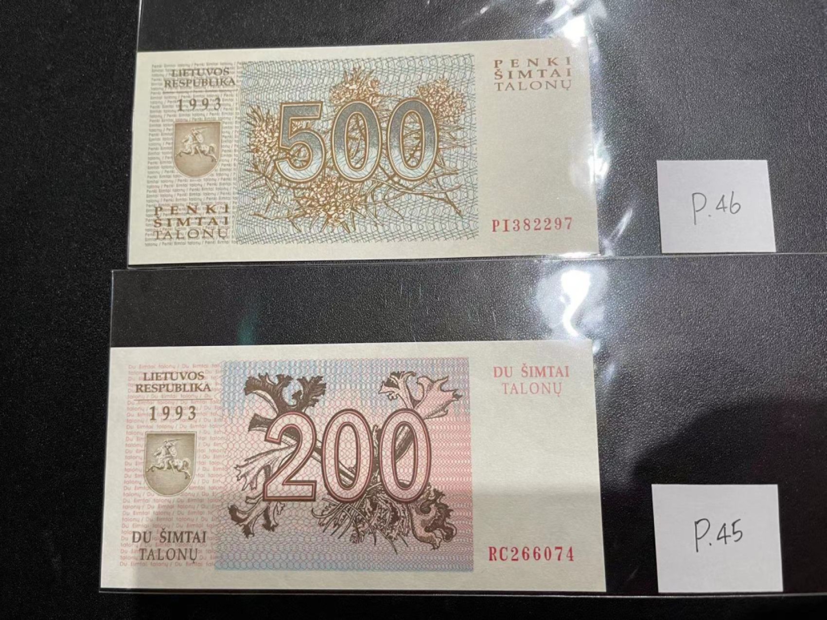 《外钞收藏家》第二百一十八期（波罗的海三国） 立陶宛1993年第三套动物币200/500塔龙那，全套2枚	P45-46  全新UNC