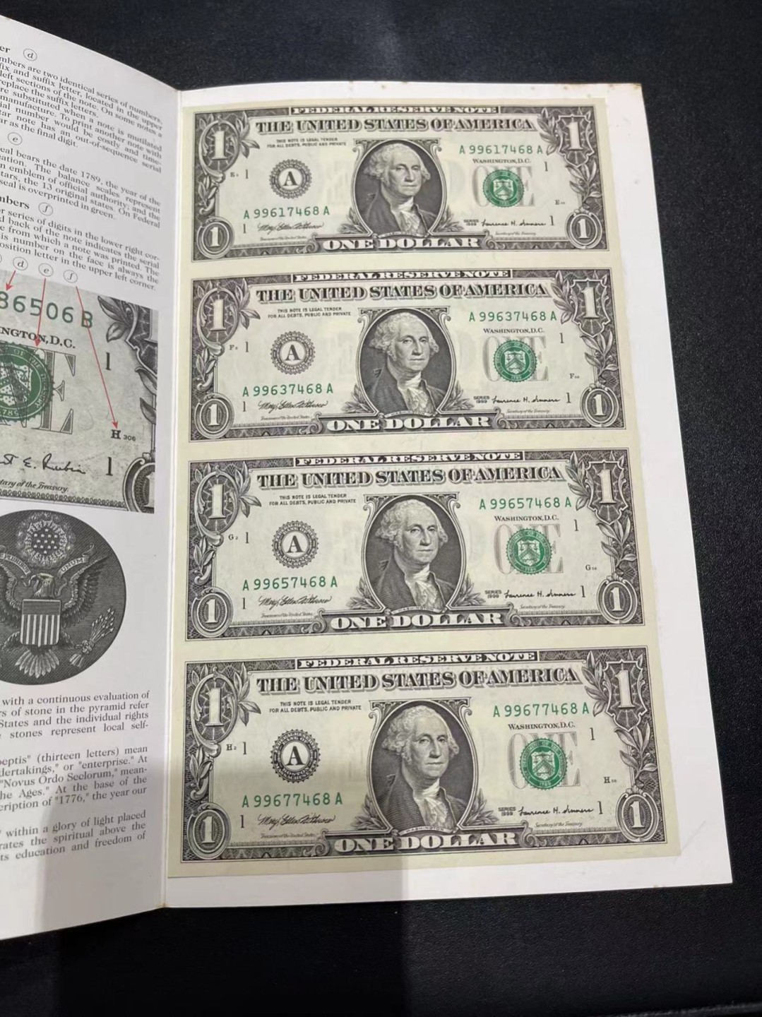 《外钞收藏家》第二百一十八期（波罗的海三国） 美国1999年1美元4连体，带原装册 有些潮癍 册子也有些霉癍