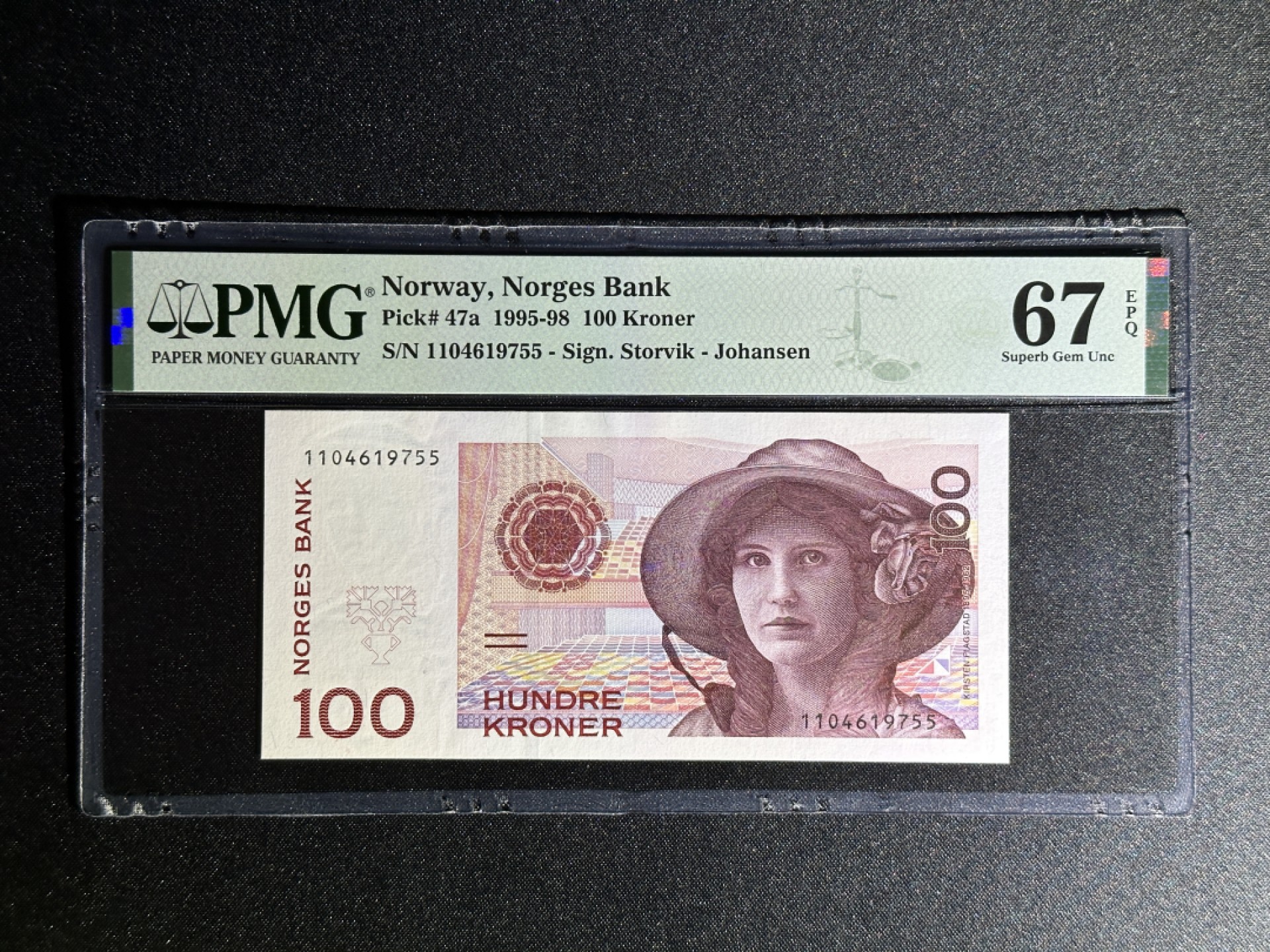 《张总收藏》80期——外币大拍 挪威100克朗 PMG67E P-47a 1998年 初版 