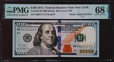 《家喻户晓》世界靓号纸钞第六期 - 2013美国100美元 超级靓号雷达号31111113 数二13组合倒影号 超级高分PMG68