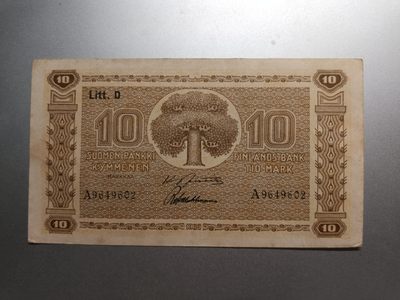 【专场20221117】故纸荒堆第II期——1950年前的老纸币/硬币专场 - 【拍品004】芬兰1939版10马克AUNC