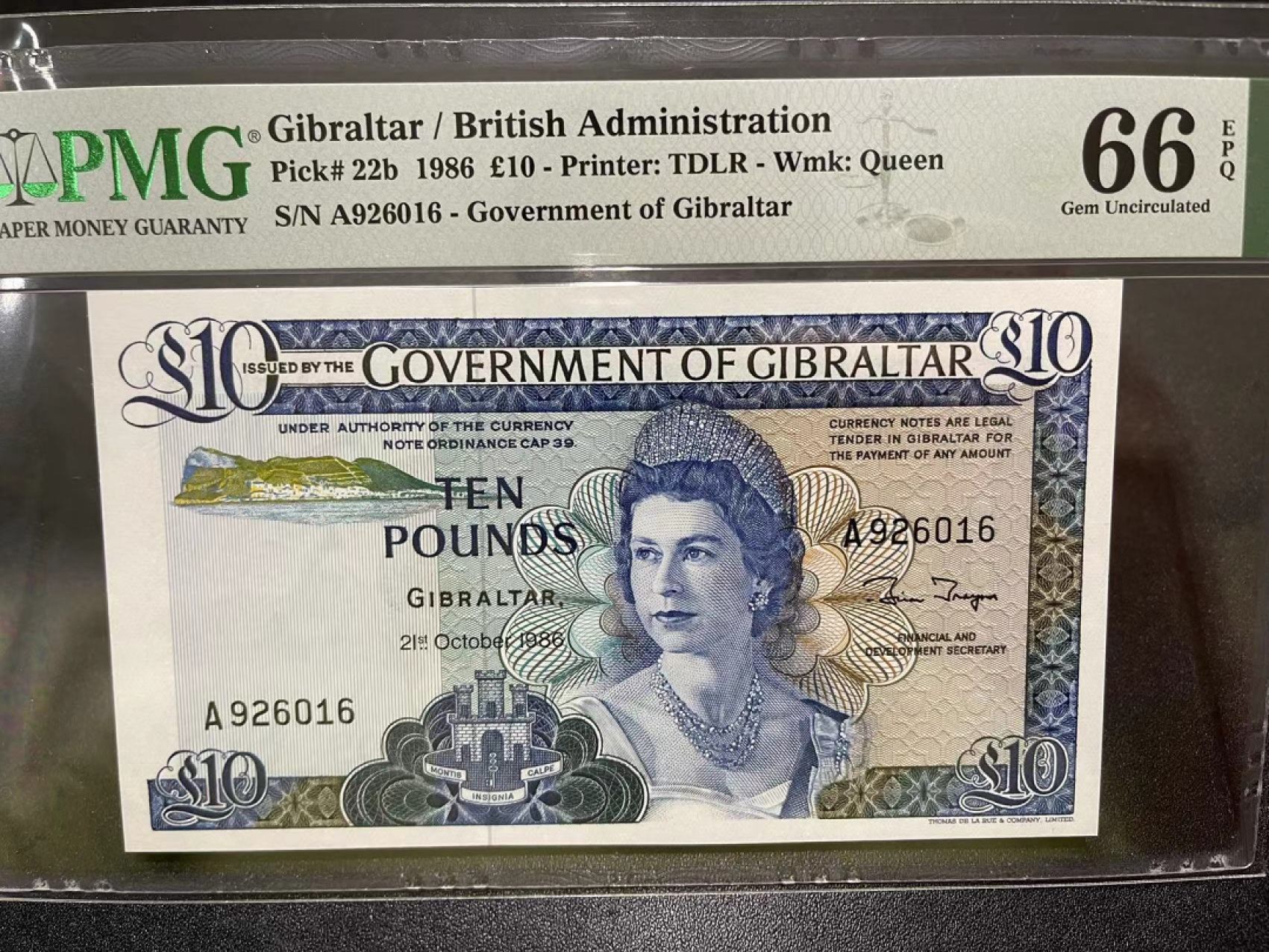 《外钞收藏家》第二百一十九期（三连拍第三场） 1986年直布罗陀10镑 PMG66 无47 A冠