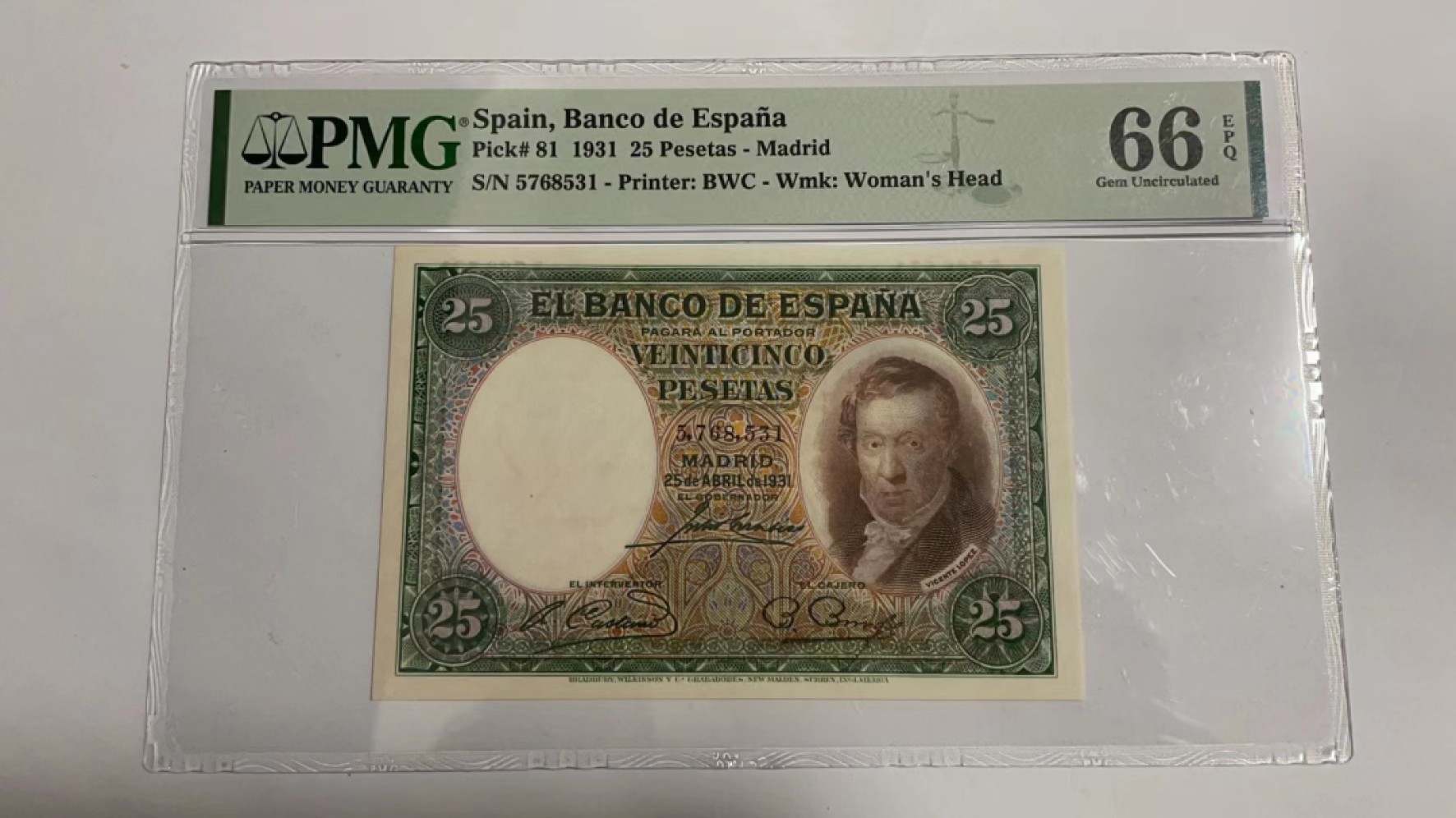 【Blue Auction】✨世界纸币精拍第252期——补号伦勃朗 西班牙 1931年25比塞塔 小天使 PMG66EPQ 