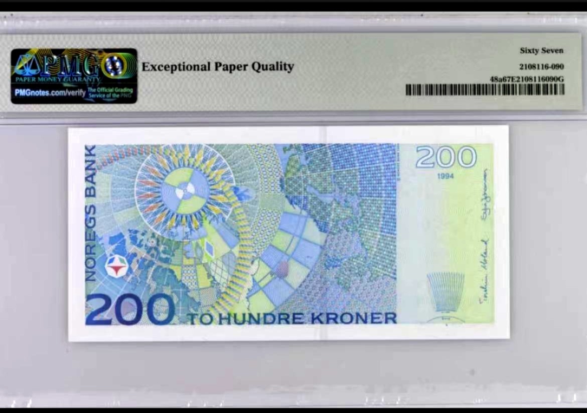 【Blue Auction】✨世界纸币精拍第252期——补号伦勃朗 【初版】挪威 1994年200克朗 PMG67EPQ 高分