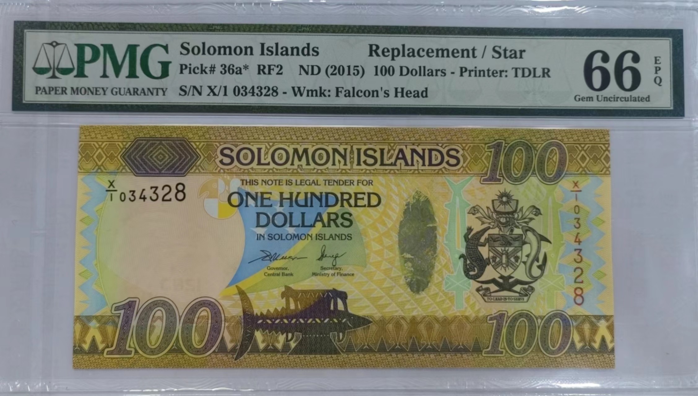 【Blue Auction】✨世界纸币精拍第252期——补号伦勃朗 【补号】所罗门群岛 2015年100元 PMG66EPQ 