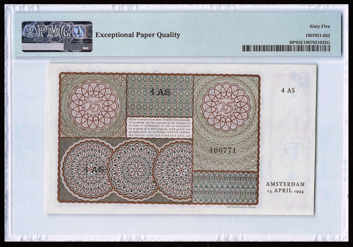 【Blue Auction】✨世界纸币精拍第252期——补号伦勃朗 【补号 亚军分】荷兰 1943-44年25盾 小女孩 PMG65EPQ 绝品 (66分前几期拍了9900元)