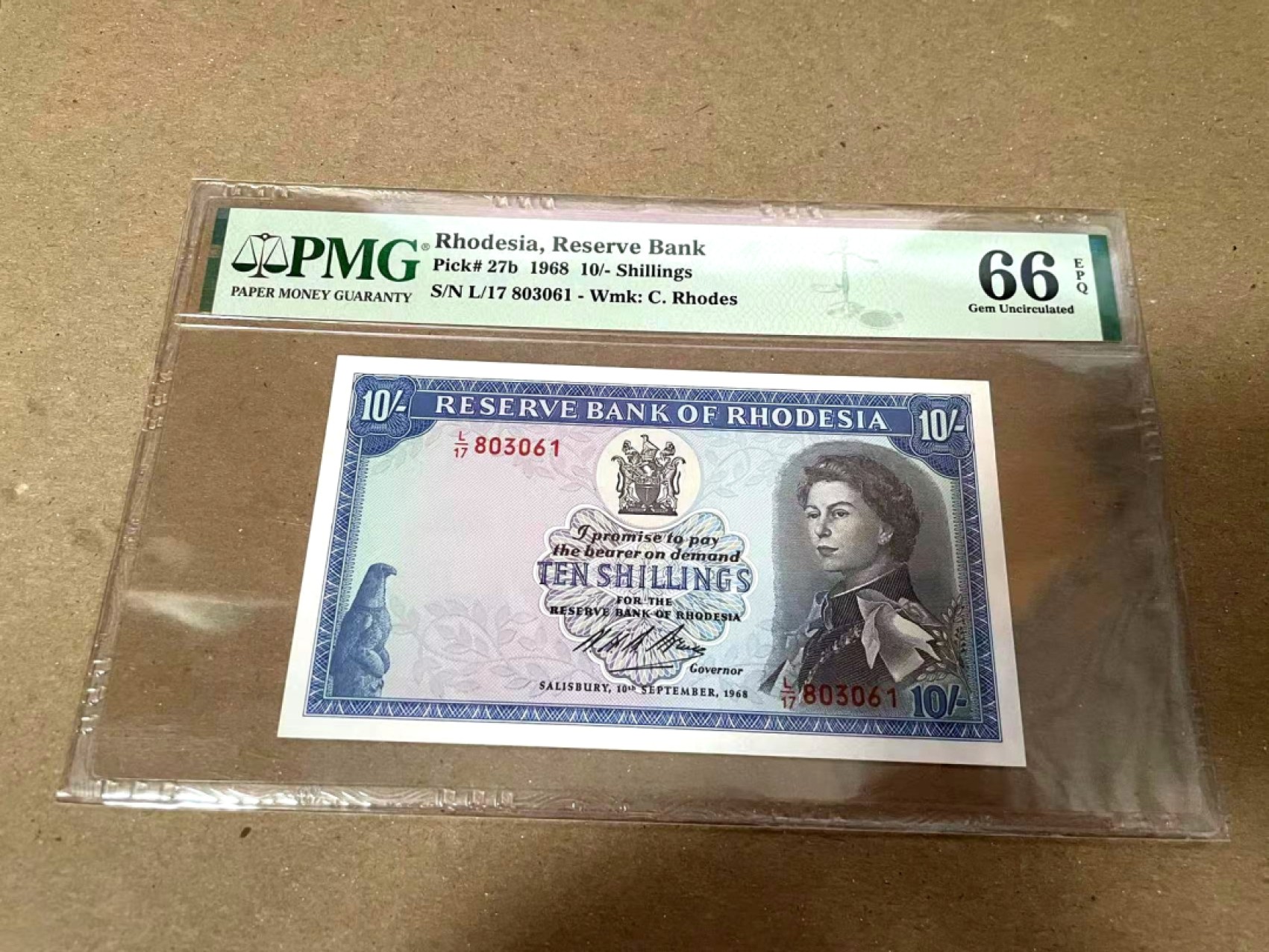 【Blue Auction】✨世界纸币精拍第252期——补号伦勃朗 R.【无47】罗德西亚 1968年10先令 PMG66EPQ 戎装女王