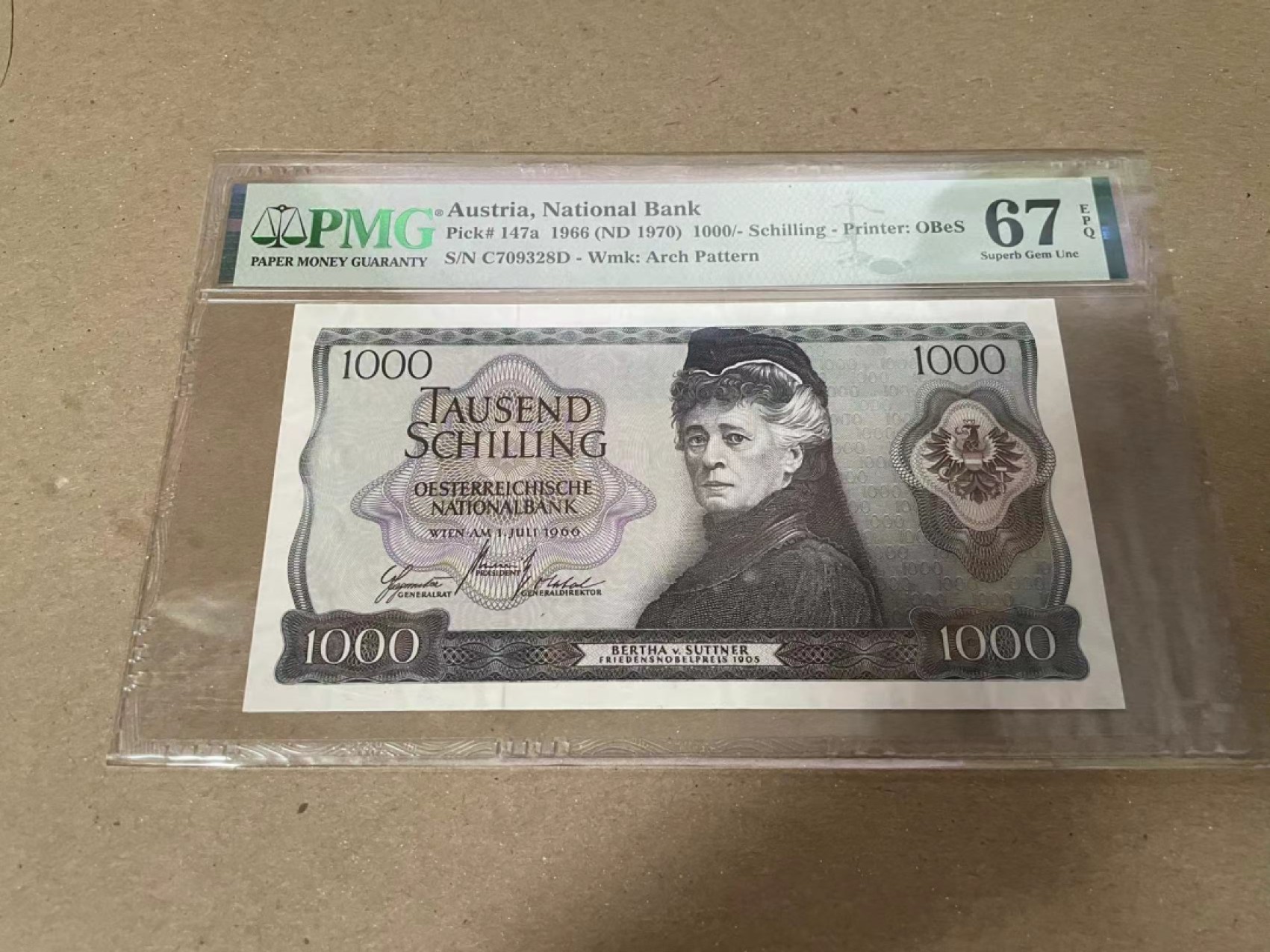 【Blue Auction】✨世界纸币精拍第252期——补号伦勃朗 奥地利 1966年1000先令 苏特纳 PMG67EPQ