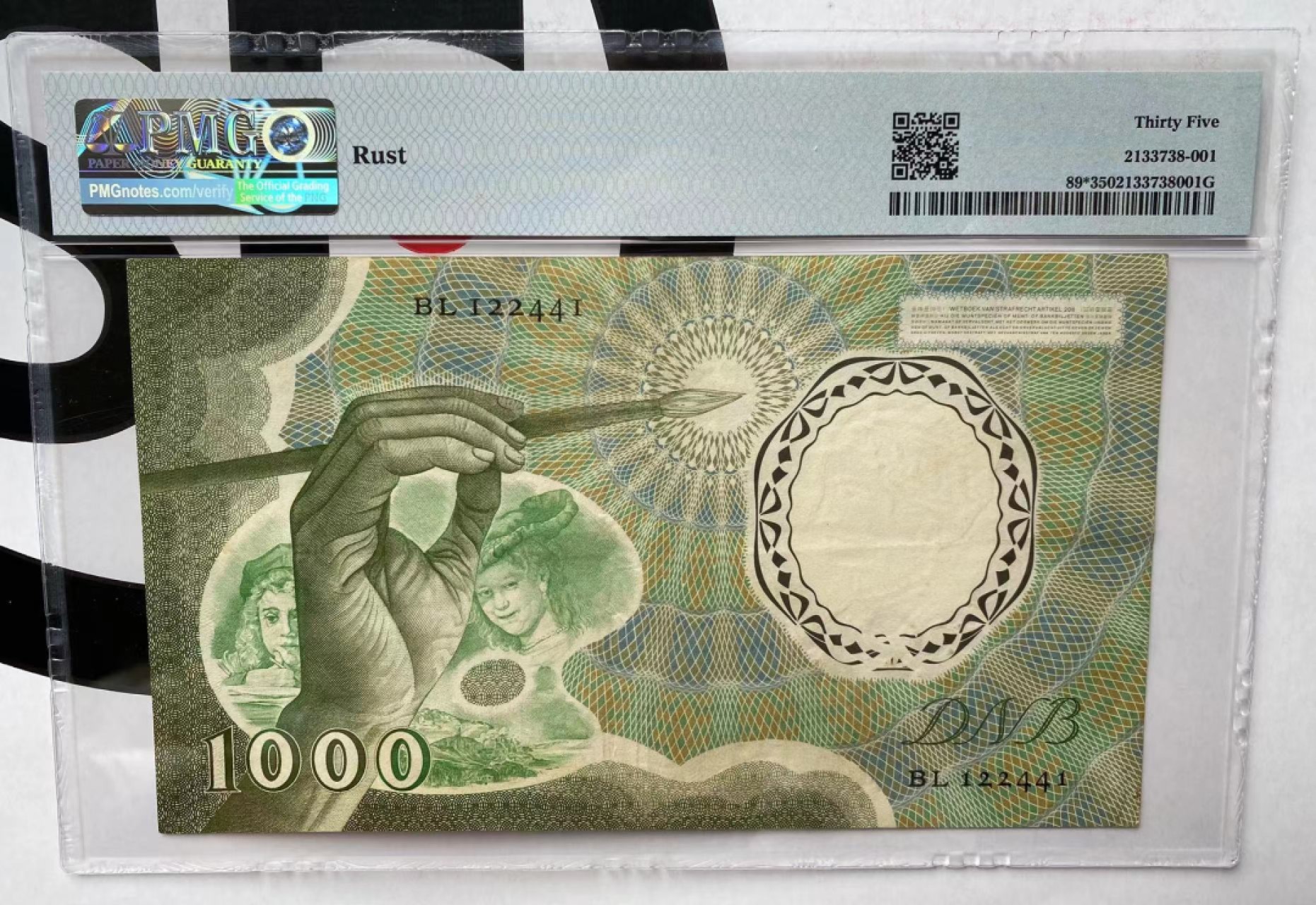 【Blue Auction】✨世界纸币精拍第252期——补号伦勃朗 RRR.【补号少见仅2个记录】荷兰 1956年1000盾 PMG35 经典伦勃朗 非常少见 正反面设计均十分精美  