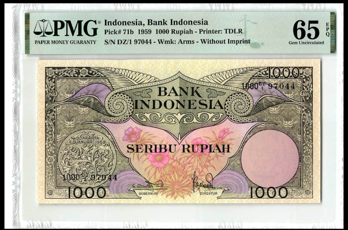 【Blue Auction】✨世界纸币精拍第252期——补号伦勃朗 印尼 1959年1000卢比 PMG65EPQ 天堂鸟