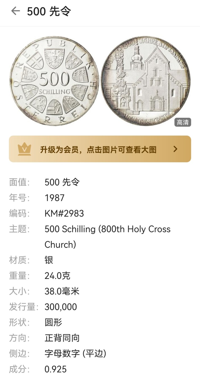 瓶子🏺第66期拍卖会 精制proof-1987年奥地利500先令大型银币